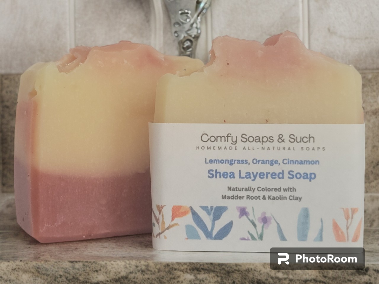 Layered shea butter soap with madder root, kaolin clay, and essential oils